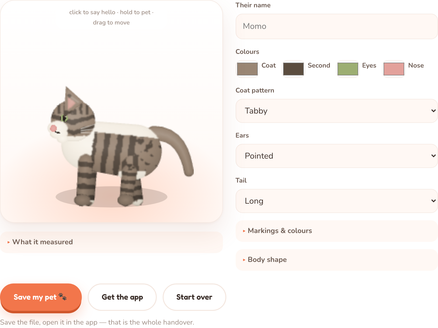 The likeness editor: the drawn pet on the left, and controls for name, colours, coat pattern, ears and tail on the right.
